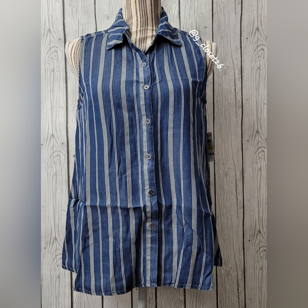 Style & Co Striped Sleeveless Vertical Stripe Button-Front Tunic